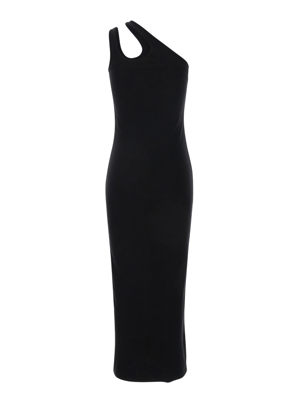 Midi One-Shoulder Black Dress With Cut-Out Cotton Woman Long
