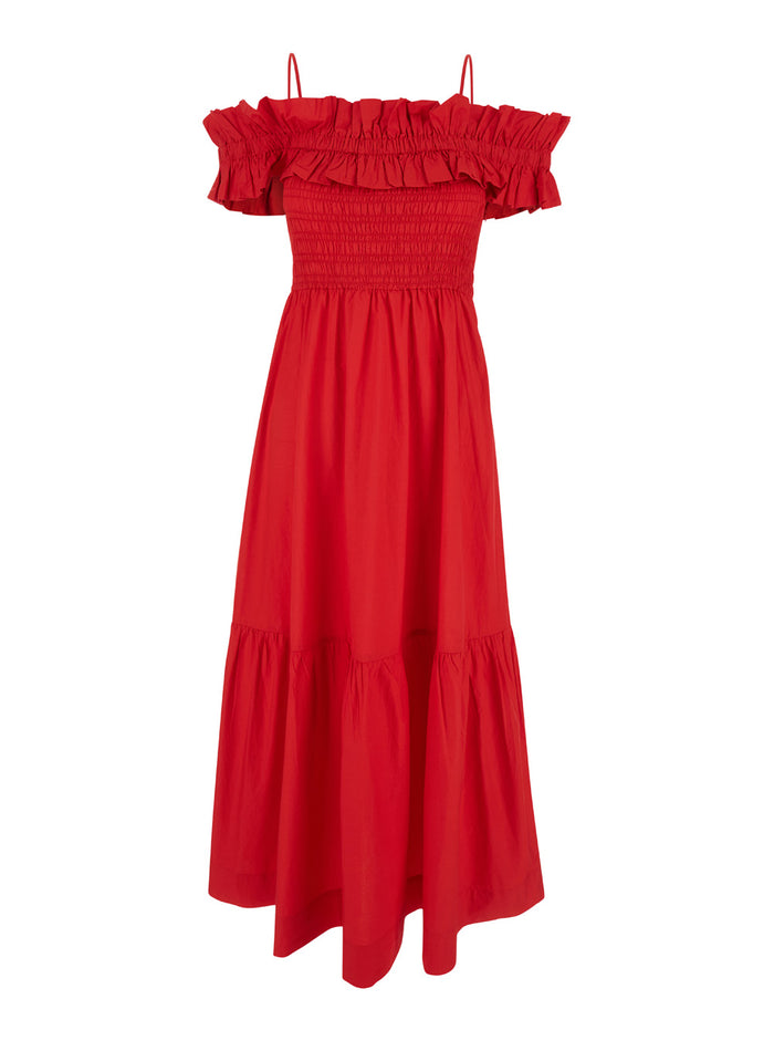 Cotton Poplin Long Smock Dress Red