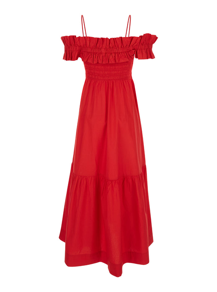 Cotton Poplin Long Smock Dress Red