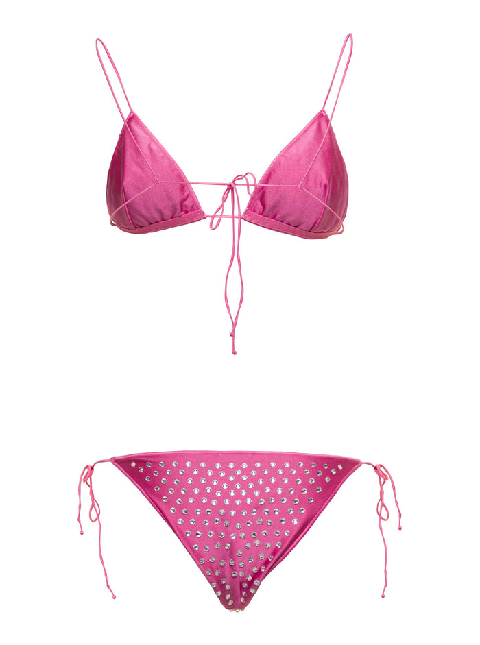 Gem Two Piece Pink Bikini With Rhinestones Stretch Polyamide Woman Elastane Beachwear