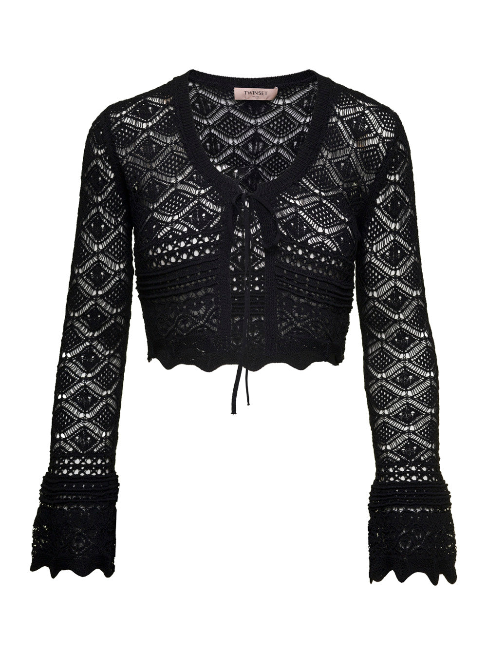 Black Sweater With Open Knit Work Viscose Blend Woman Polyamide Tops