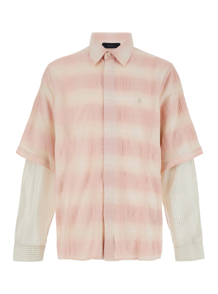 Pink And White Shirt With Double-Layer Sleeves Cotton Blend Man Blouses