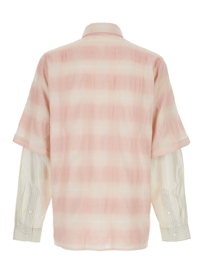 Pink And White Shirt With Double-Layer Sleeves Cotton Blend Man Blouses