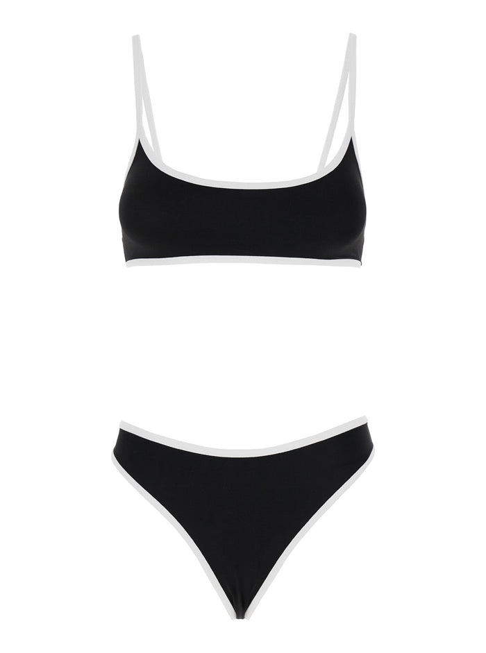 Black Two-Piece Bikini With Contrasting Trim Stretch Polyamide Woman Elastane Beachwear