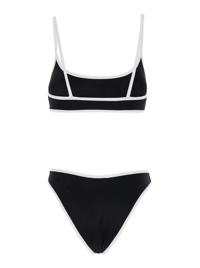 Black Two-Piece Bikini With Contrasting Trim Stretch Polyamide Woman Elastane Beachwear