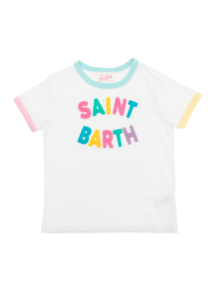 White T-Shirt With Multicolor Logo Patches Jersey Girl Cotton Tshirts And Polo Shirts