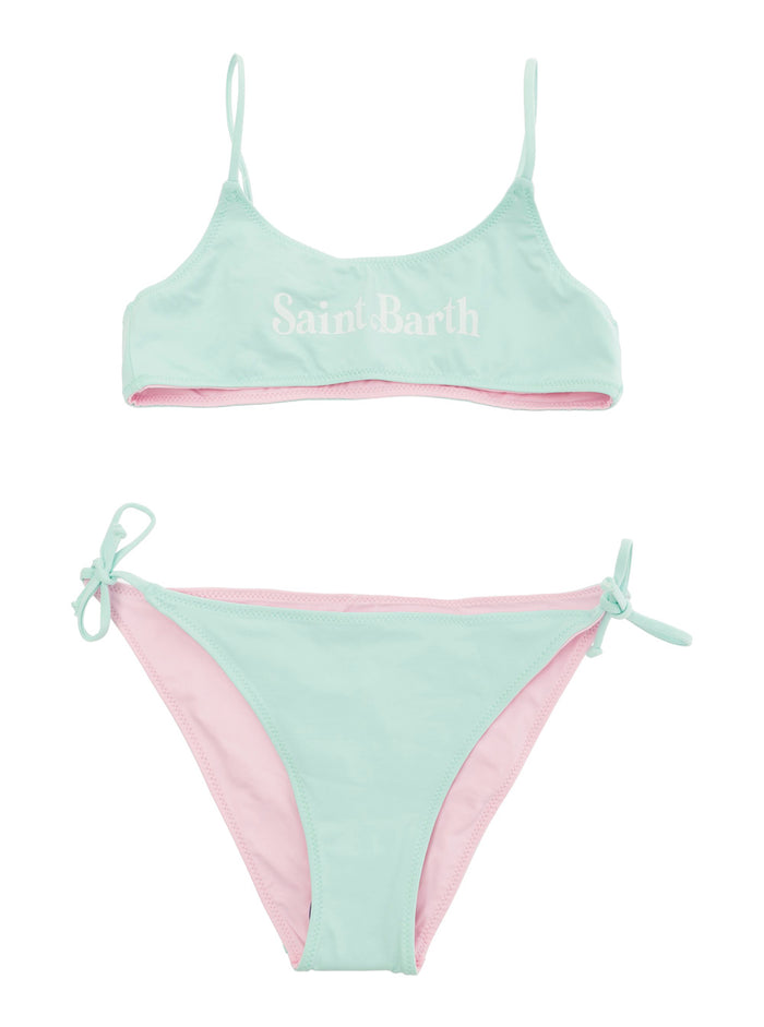 Jaiden Pink And Mint Reversible Bikini With Logo Lettering Stretch Fabric Girl Polyamide Elastane Beachwear