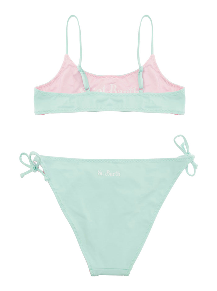 Jaiden Pink And Mint Reversible Bikini With Logo Lettering Stretch Fabric Girl Polyamide Elastane Beachwear