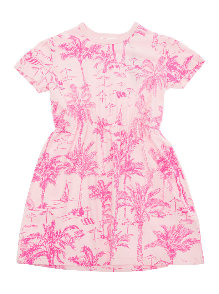 Leila Pink Dress With All-Over Palm Print Cotton Girl