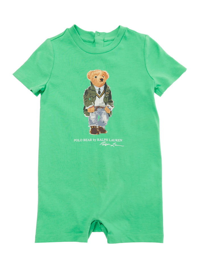 Green Romper With Polo Bear Print Cotton Baby Jumpsuits