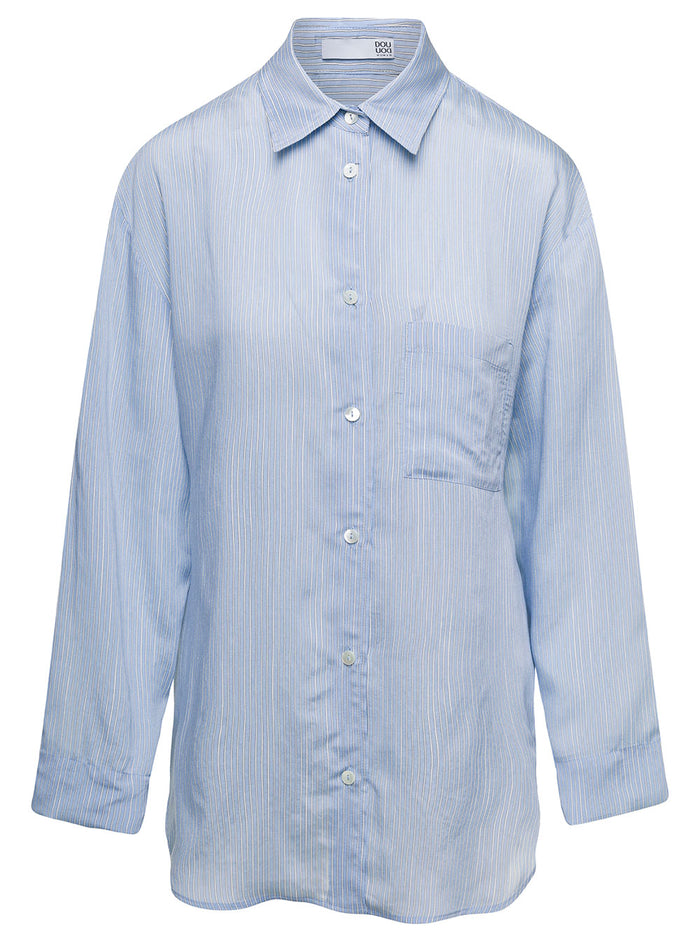 Light Blue Long-Sleeve Striped Shirt Viscose And Silk Woman Blouses