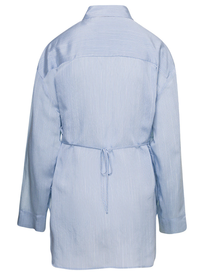 Light Blue Long-Sleeve Striped Shirt Viscose And Silk Woman Blouses