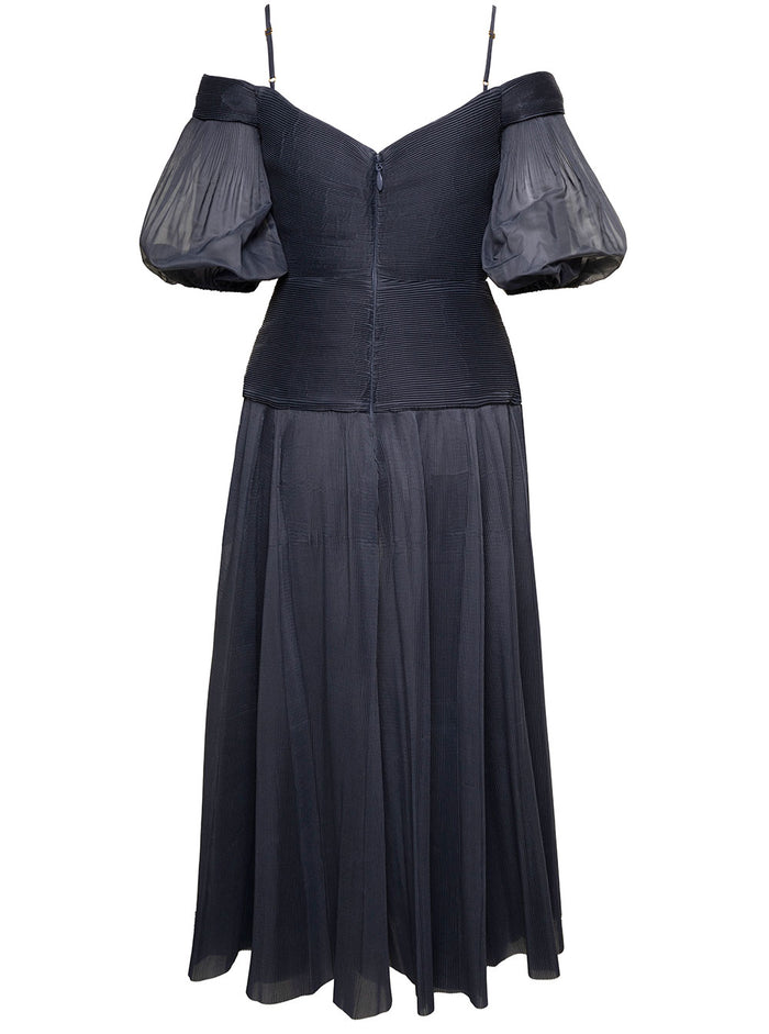 Black Off-Shoulder Pleated Midi Dress Chiffon Woman Blu Polyester