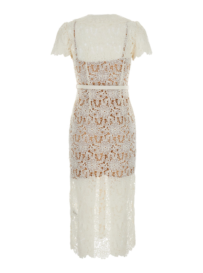White Double-Layer Midi Dress Lace Woman
