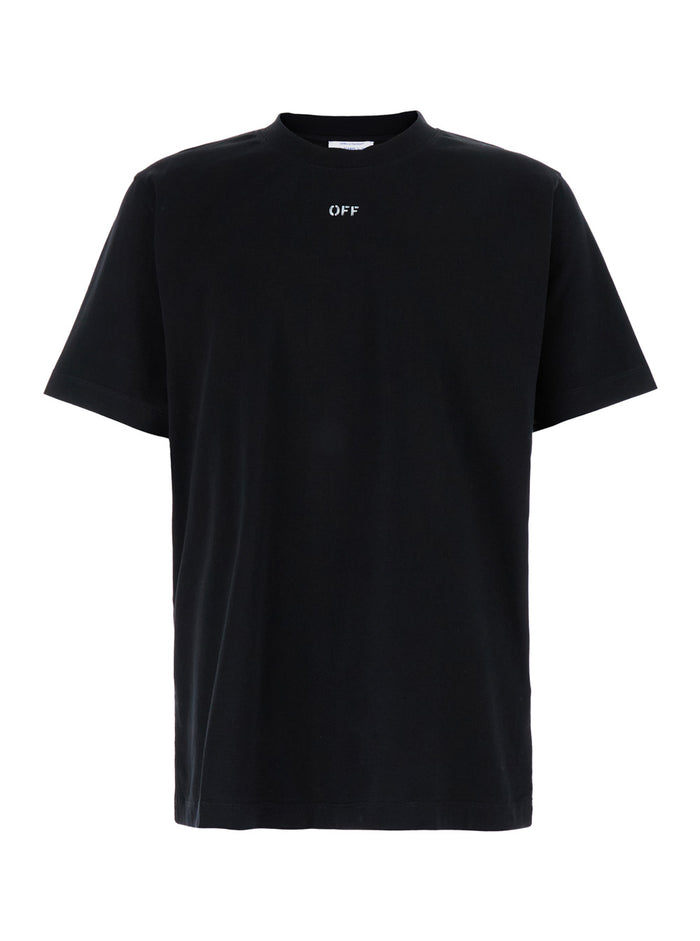 Black Crewneck T-Shirt With Contrasting Off Print Cotton Man Tshirts And Polo Shirts