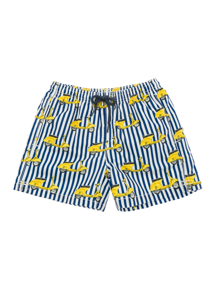 Multicolor Stripe Swim Trunks With Vespa Print Techno Fabric Baby Beachwear