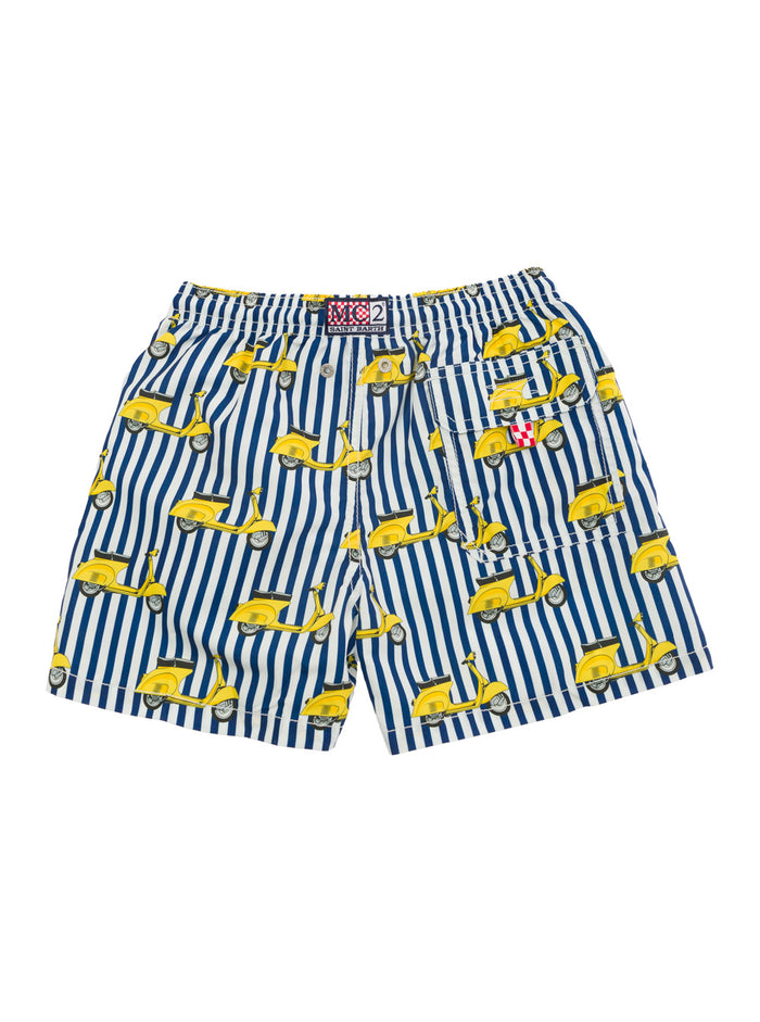 Multicolor Stripe Swim Trunks With Vespa Print Techno Fabric Baby Beachwear