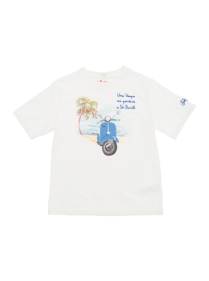 White T-Shirt With Vespa Embroidery Cotton Boy Tshirts And Polo Shirts