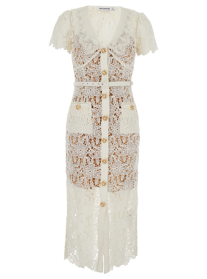 White Double-Layer Midi Dress Lace Woman