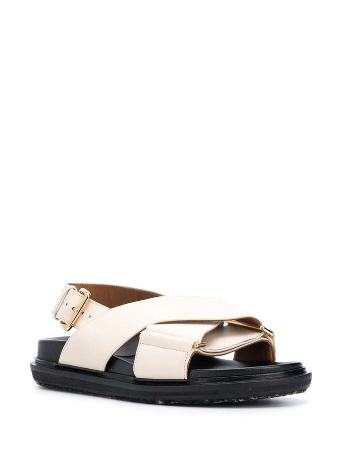 White Sandals With Crossed Bands Leather Woman Calf Flat Shoes