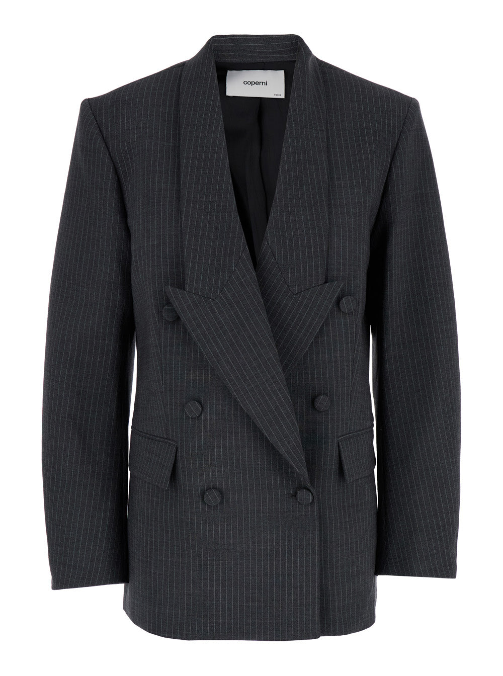Grey Pinstripes Double-Breasted Jacket Wool Woman Blazers