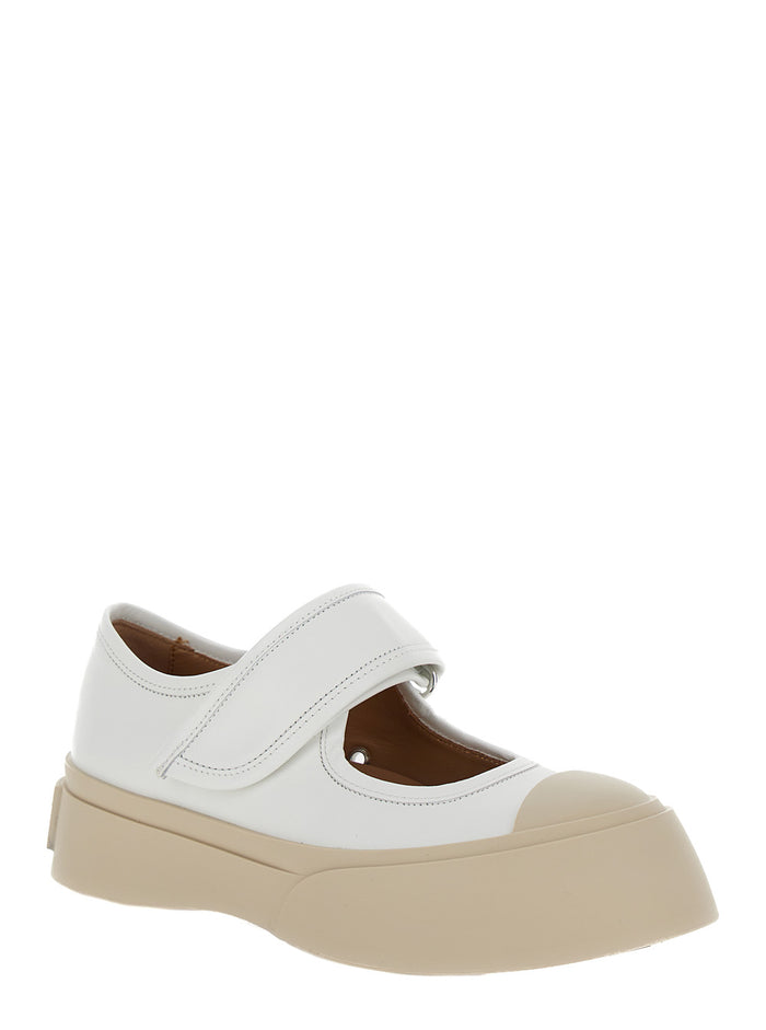 Pablo White Mary Janes With Strap And Logo Leather Woman Calf Ballerinas