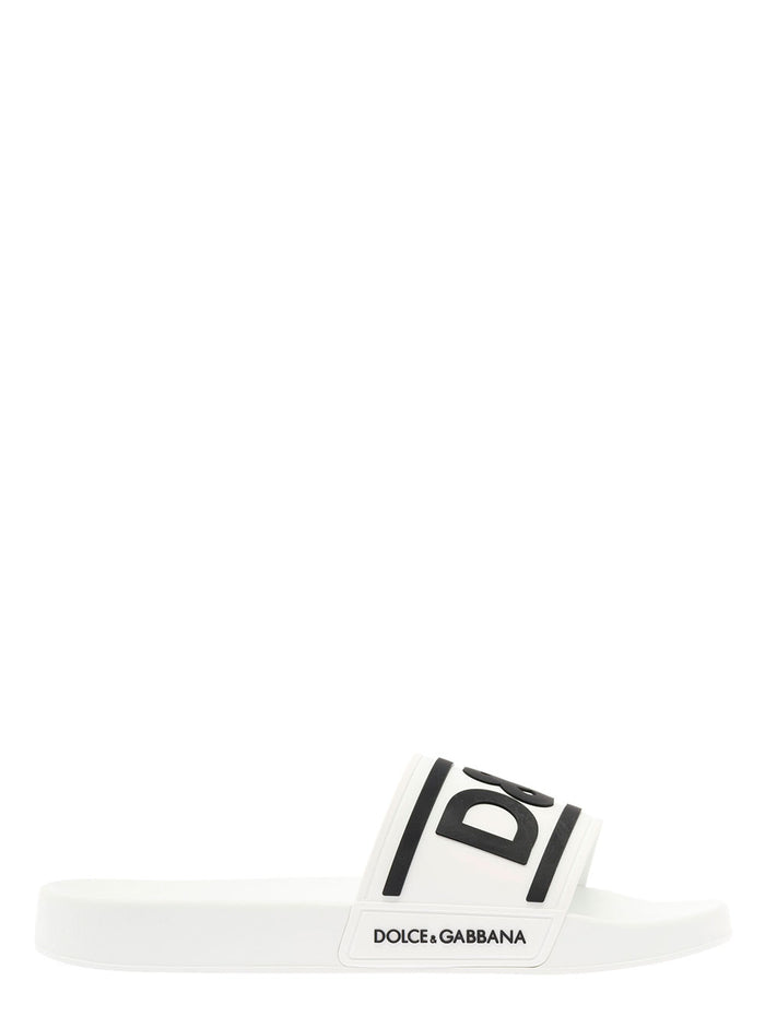 White Pool Slide Rubber With Embossed Logo Dolce& Gabbana Man White/black Thermoplastic Polyurethane Flat Shoes