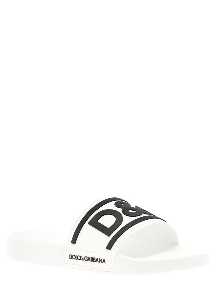 White Pool Slide Rubber With Embossed Logo Dolce& Gabbana Man White/black Thermoplastic Polyurethane Flat Shoes