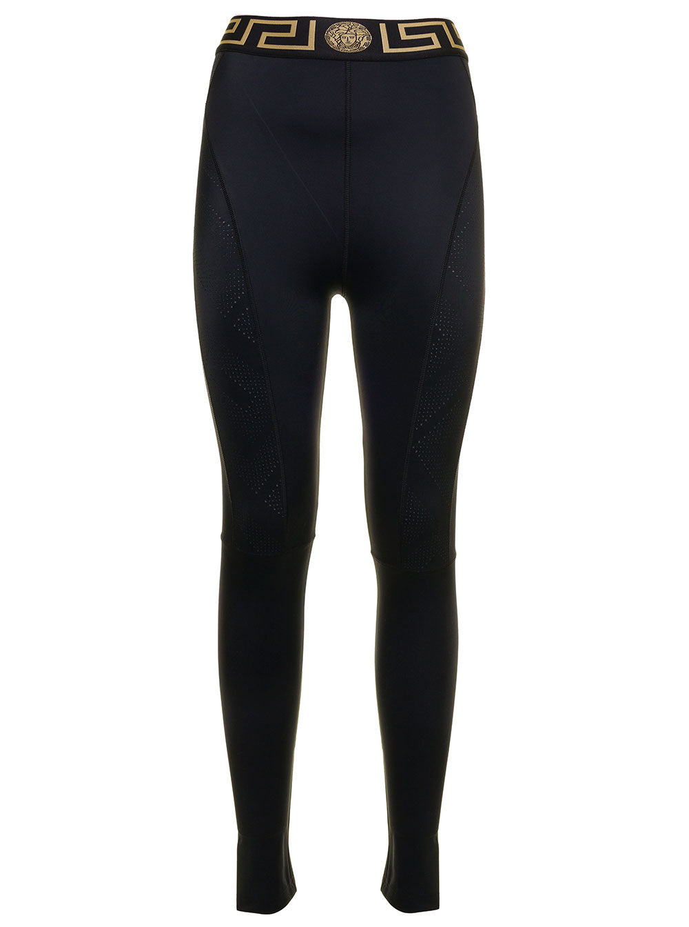 Black Stretch Fabric Leggings With Greca Detail Versace Woman Polyamide Elastane Trousers