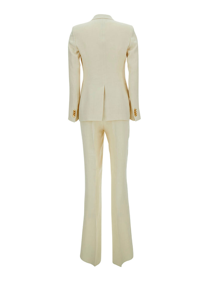 Beige Double-Breasted Suit With Golden Buttons Linen Woman Suits