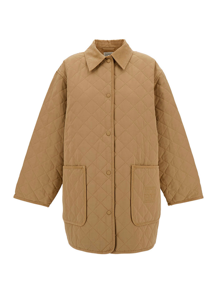 Beige Jacket With Collar And Oversized Pockets Quilted Fabric Woman