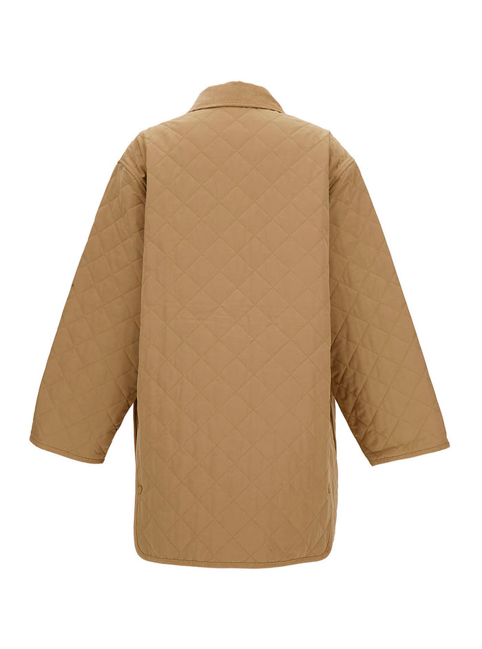 Beige Jacket With Collar And Oversized Pockets Quilted Fabric Woman