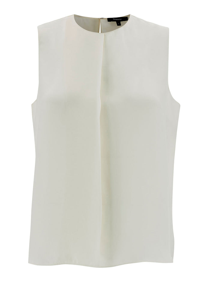 White Sleeveless Crewneck Top Silk Woman Tops