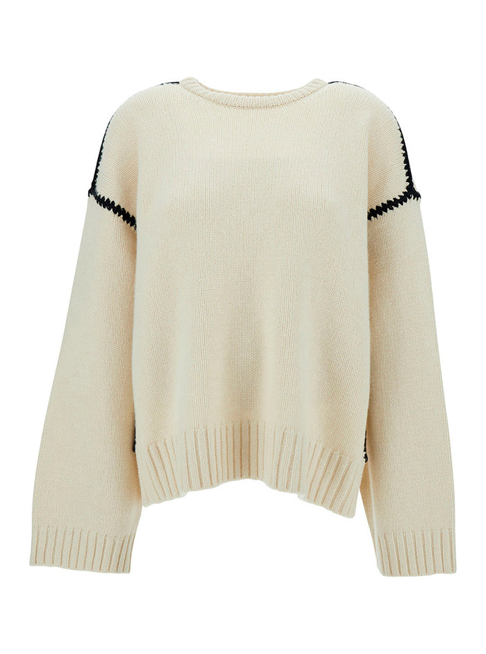 White Sweater With Contrasting Stitching Wool And Cashmere Woman Cotton Jersey