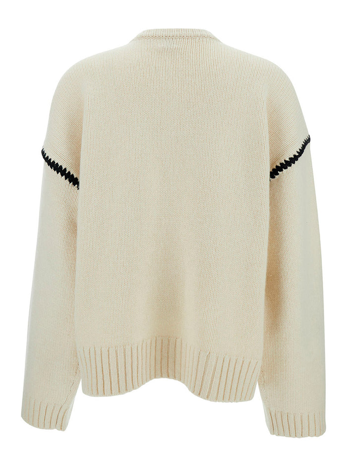 White Sweater With Contrasting Stitching Wool And Cashmere Woman Cotton Jersey