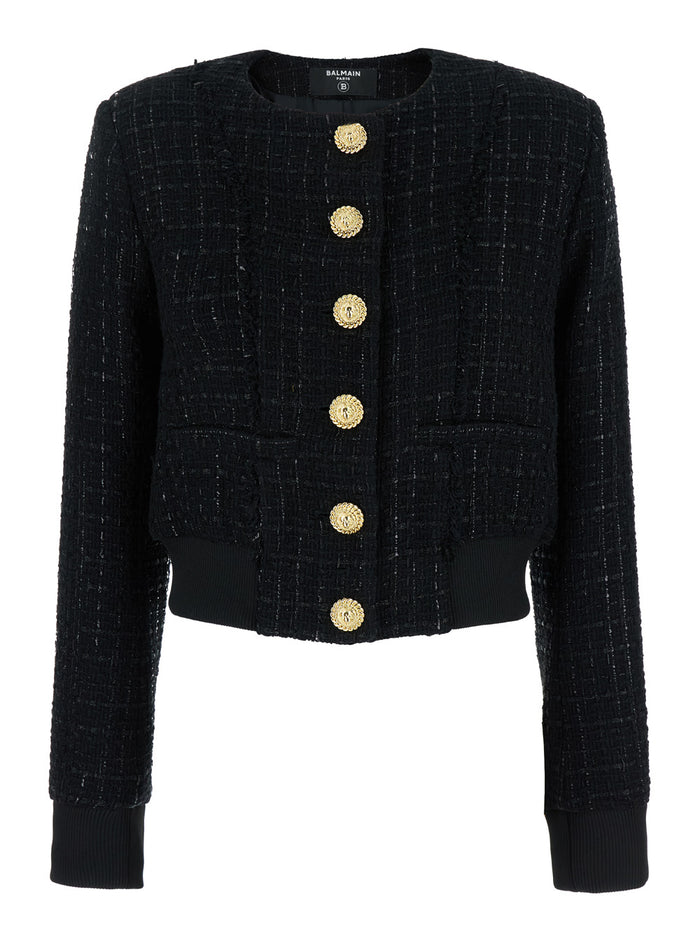 Black Crop Cardigan With Buttons Tweed Woman Jersey