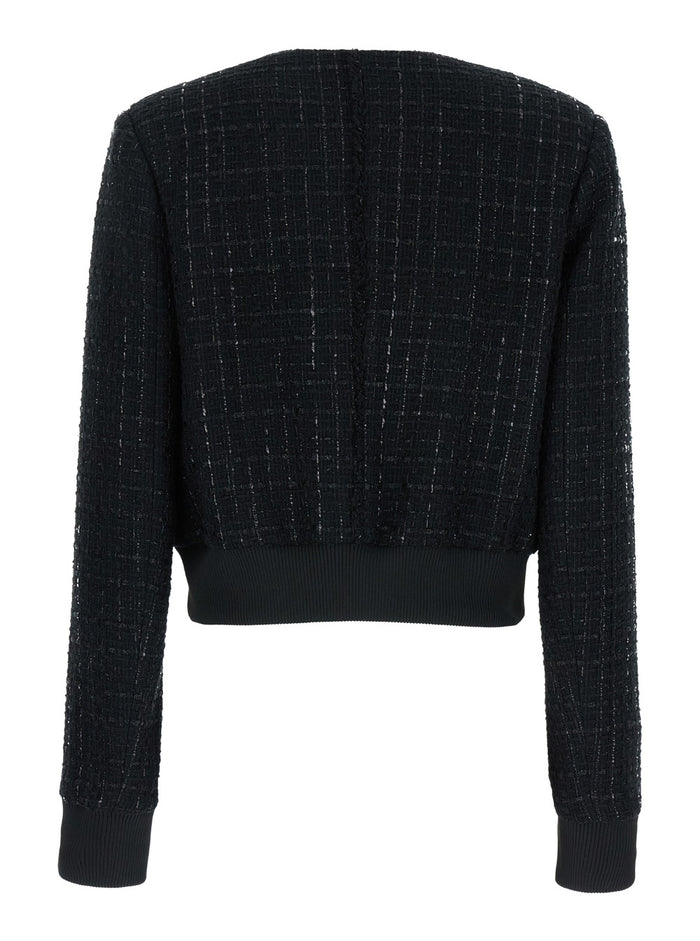 Black Crop Cardigan With Buttons Tweed Woman Jersey