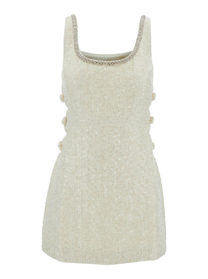 Mini Ivory Dress With Bows And Cut-Out Tweed Woman White