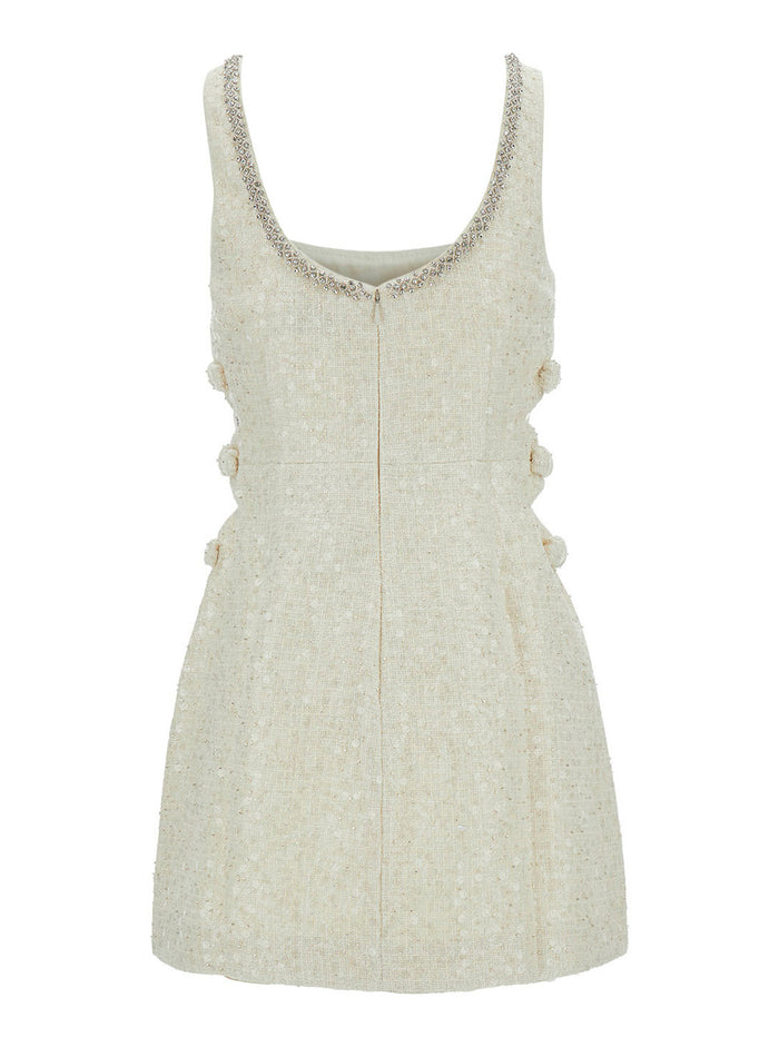 Mini Ivory Dress With Bows And Cut-Out Tweed Woman White
