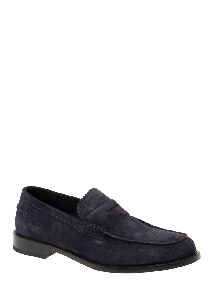 Blue Pull-On Loafers Suede Man Blu Calf