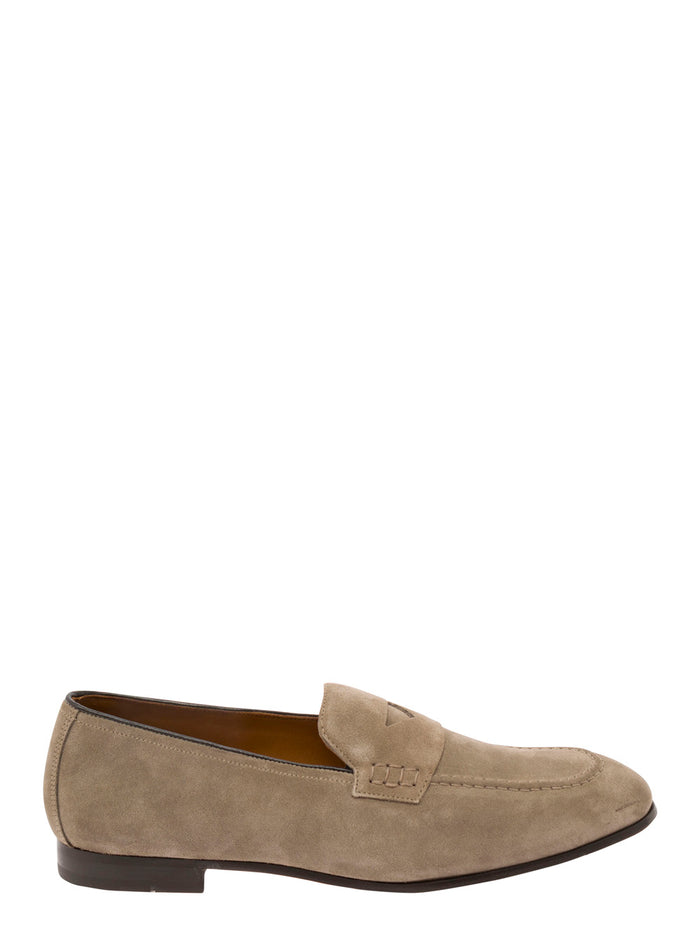 Beige Pull-On Loafers Suede Man Calf
