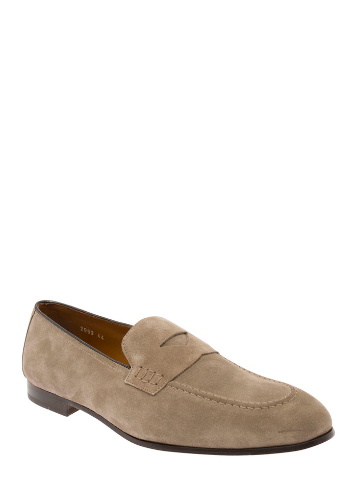 Beige Pull-On Loafers Suede Man Calf