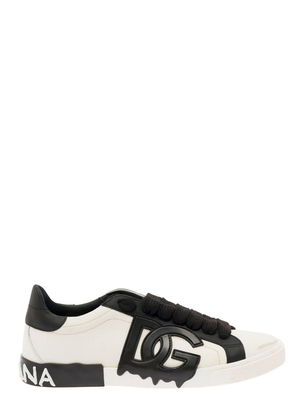 Vintage Portafino White And Black Low Top Sneakers With Dg Patch Leather Man Calf