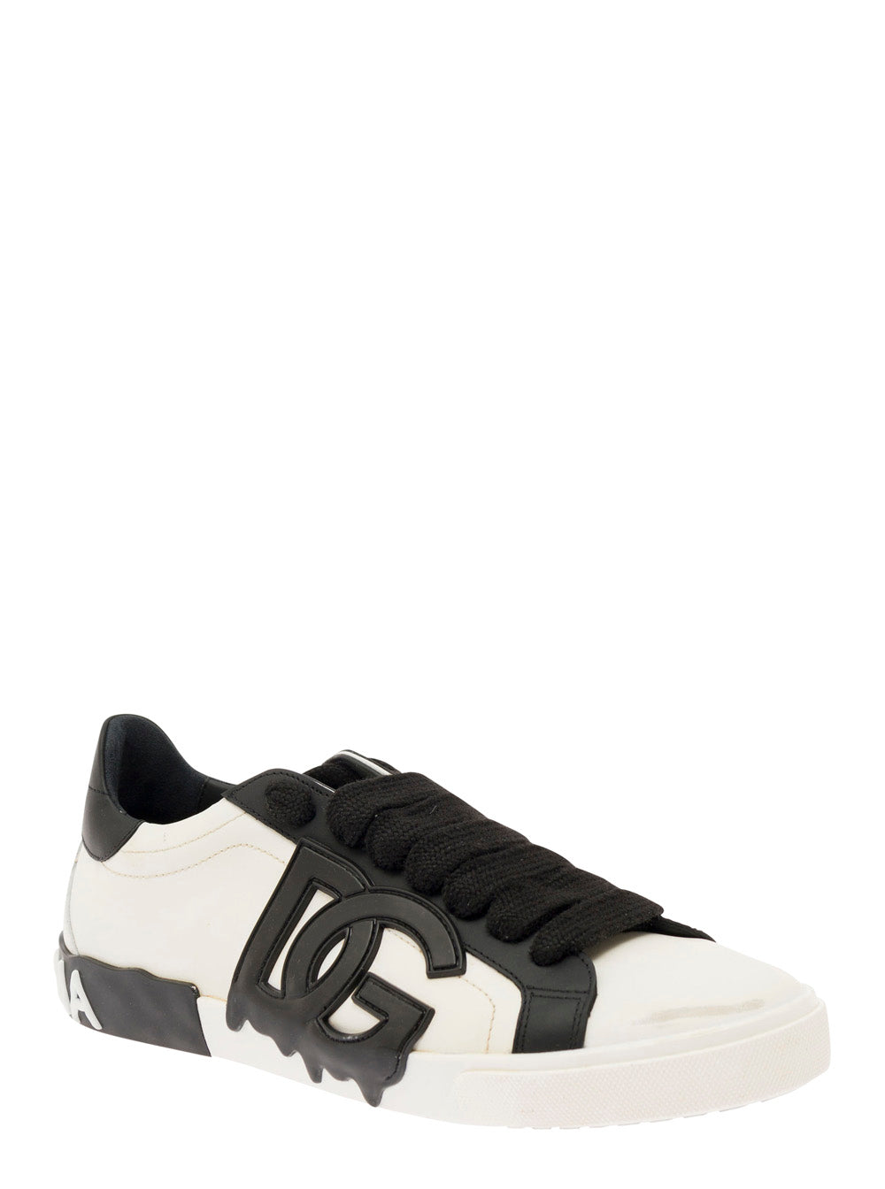 Vintage Portafino White And Black Low Top Sneakers With Dg Patch Leather Man Calf