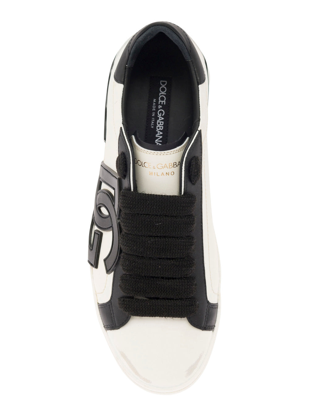 Vintage Portafino White And Black Low Top Sneakers With Dg Patch Leather Man Calf