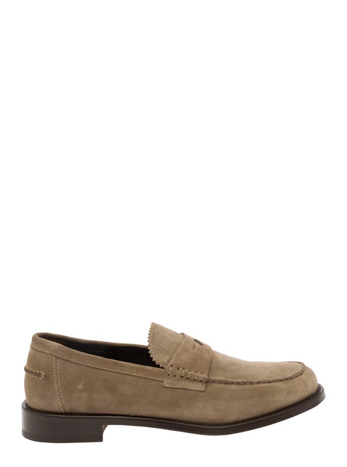 Beige Pull-On Loafers Suede Man Calf