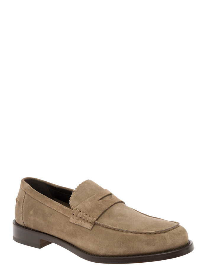Beige Pull-On Loafers Suede Man Calf