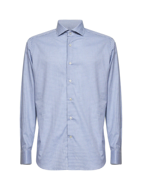 Light Blue Checked Cotton Poplin Shirt Celeste