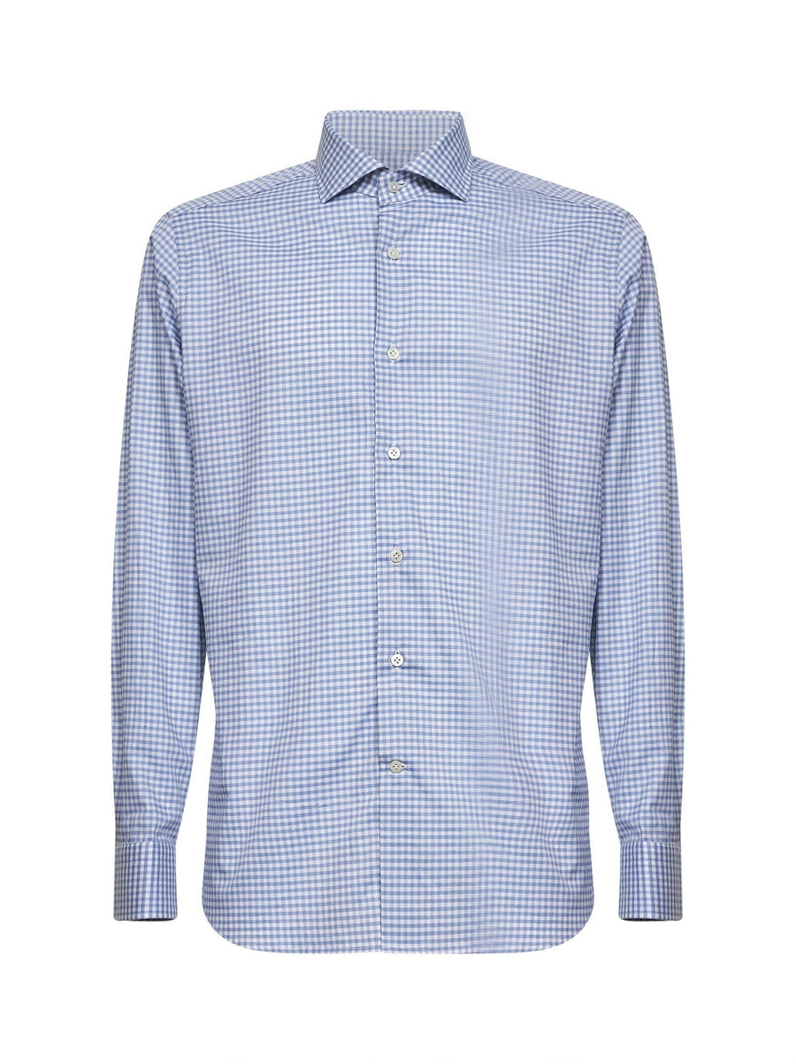 Light Blue Checked Cotton Poplin Shirt Celeste