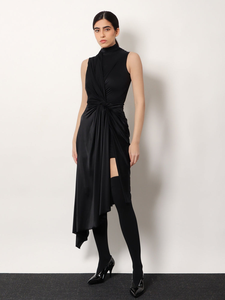 Asymmetrical Long Dress Black Stretch Fabric Polyester